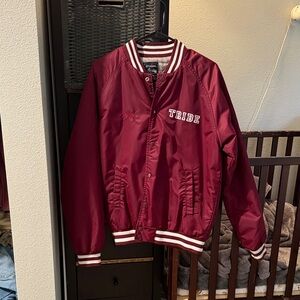Stussy Vintage Burgundy Varsity Jacket with White Stripes